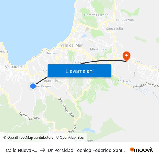 Calle Nueva - Ramaditas to Universidad Técnica Federico Santa María Sede Viña Del Mar map