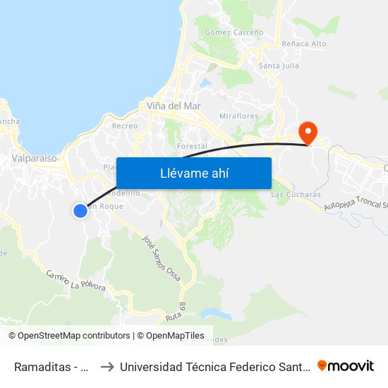 Ramaditas - Montecasino to Universidad Técnica Federico Santa María Sede Viña Del Mar map