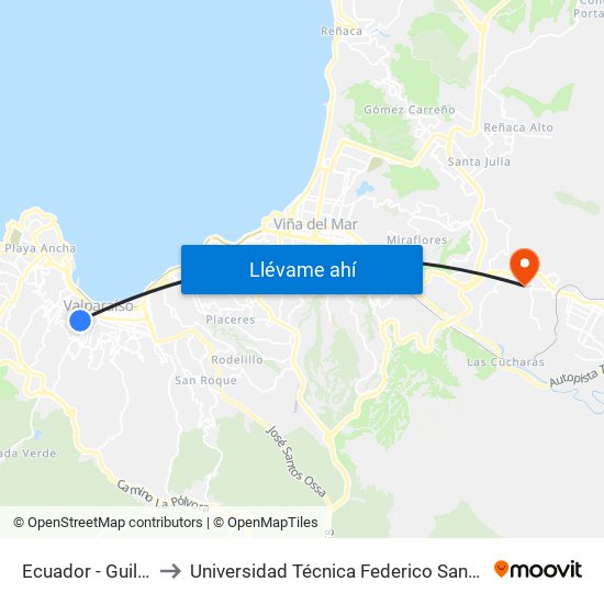 Ecuador - Guillermo Rivera to Universidad Técnica Federico Santa María Sede Viña Del Mar map