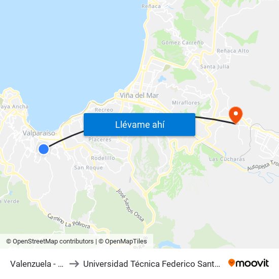 Valenzuela - Calle Cinco to Universidad Técnica Federico Santa María Sede Viña Del Mar map
