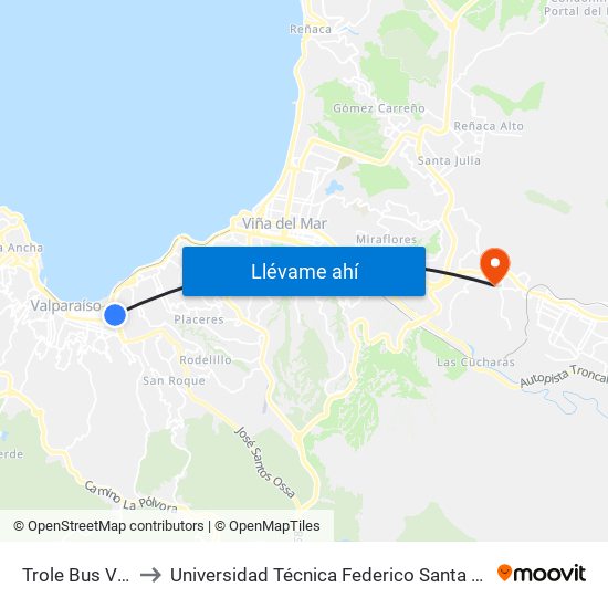 Trole Bus Valparaiso to Universidad Técnica Federico Santa María Sede Viña Del Mar map