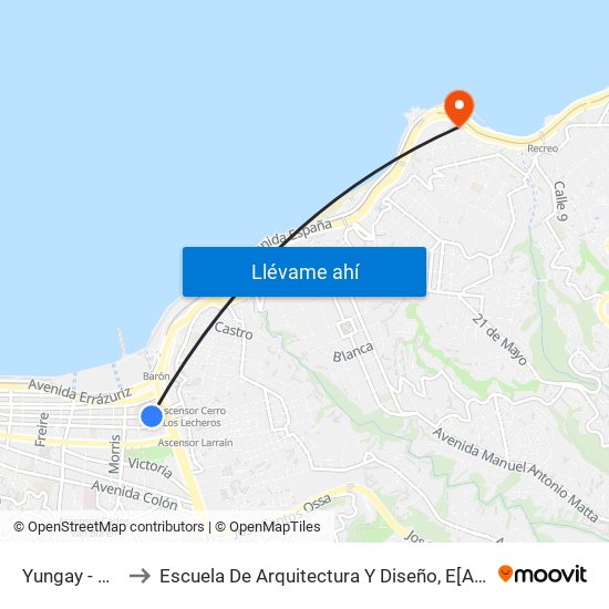 Yungay - Doce De Febrero to Escuela De Arquitectura Y Diseño, E[Ad], Pontificia Universidad Catolica De Valparaíso map