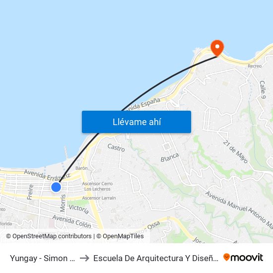 Yungay - Simon Bolivar - Sodimac Valparaiso to Escuela De Arquitectura Y Diseño, E[Ad], Pontificia Universidad Catolica De Valparaíso map