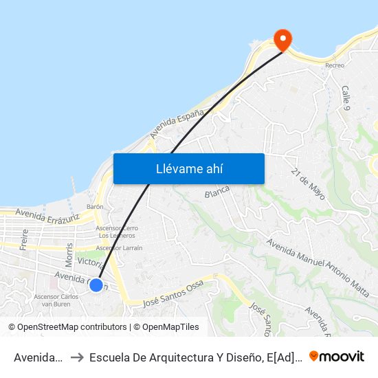 Avenida Colón, 2982 to Escuela De Arquitectura Y Diseño, E[Ad], Pontificia Universidad Catolica De Valparaíso map