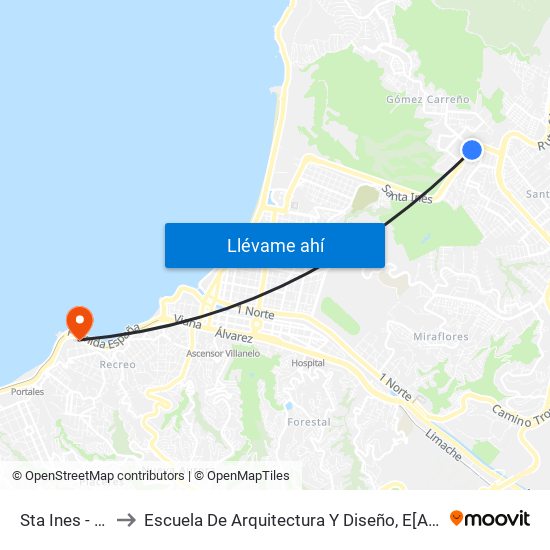 Sta Ines - Gomez Carreño to Escuela De Arquitectura Y Diseño, E[Ad], Pontificia Universidad Catolica De Valparaíso map