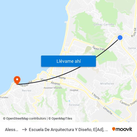 Alessandri - Lira to Escuela De Arquitectura Y Diseño, E[Ad], Pontificia Universidad Catolica De Valparaíso map
