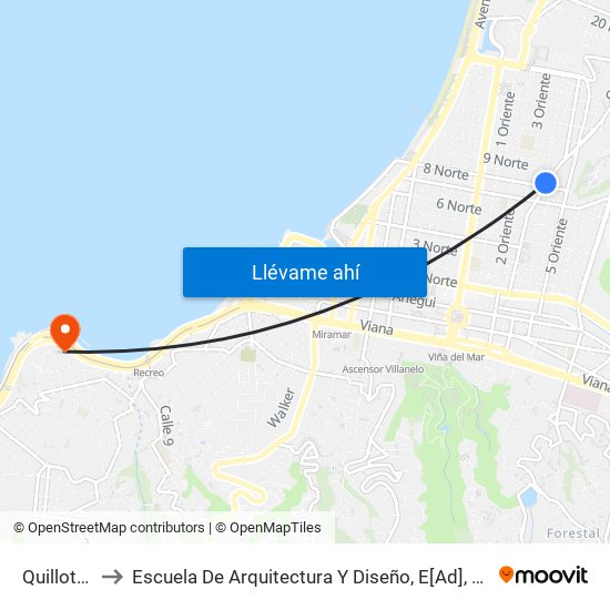 Quillota - 8 Norte to Escuela De Arquitectura Y Diseño, E[Ad], Pontificia Universidad Catolica De Valparaíso map