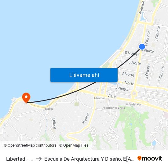 Libertad - Diez Norte / Sur to Escuela De Arquitectura Y Diseño, E[Ad], Pontificia Universidad Catolica De Valparaíso map