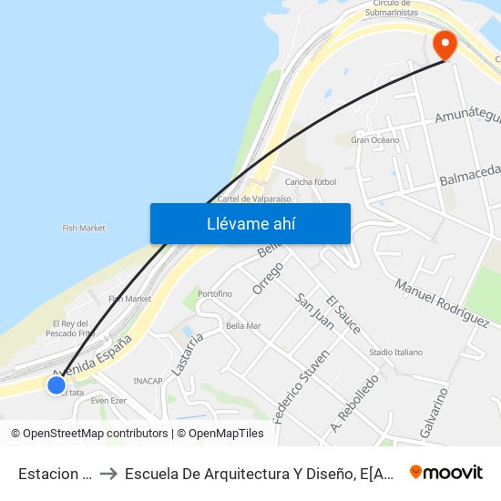Estacion Portales / Sur to Escuela De Arquitectura Y Diseño, E[Ad], Pontificia Universidad Catolica De Valparaíso map
