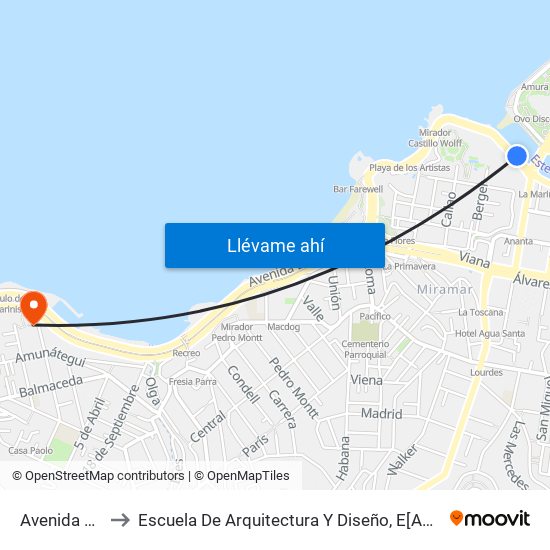 Avenida La Marina, 988 to Escuela De Arquitectura Y Diseño, E[Ad], Pontificia Universidad Catolica De Valparaíso map