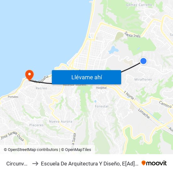 Circunvalacion - Pelu to Escuela De Arquitectura Y Diseño, E[Ad], Pontificia Universidad Catolica De Valparaíso map