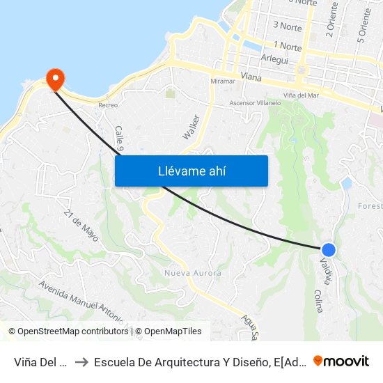 Viña Del Mar - Valdivia to Escuela De Arquitectura Y Diseño, E[Ad], Pontificia Universidad Catolica De Valparaíso map