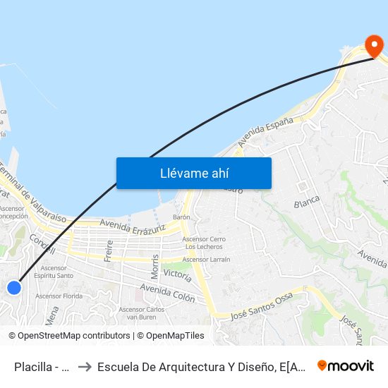 Placilla - Bernardo Vera to Escuela De Arquitectura Y Diseño, E[Ad], Pontificia Universidad Catolica De Valparaíso map