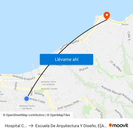 Hospital Carlos Van Buren to Escuela De Arquitectura Y Diseño, E[Ad], Pontificia Universidad Catolica De Valparaíso map