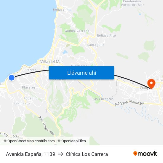 Avenida España, 1139 to Clínica Los Carrera map