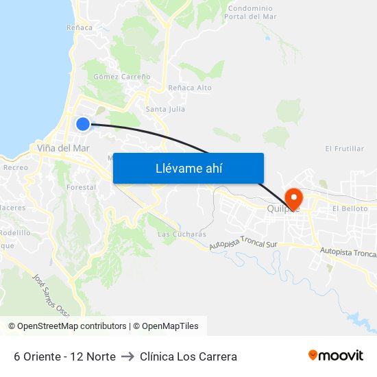 6 Oriente - 12 Norte to Clínica Los Carrera map