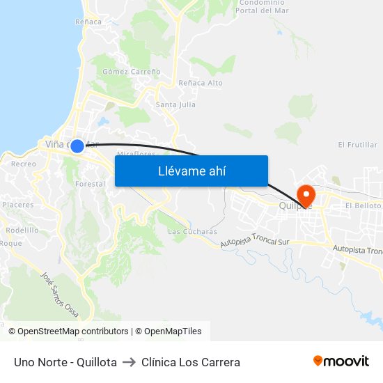 Uno Norte - Quillota to Clínica Los Carrera map