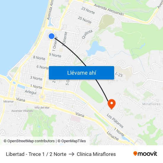 Libertad - Trece 1 / 2 Norte to Clínica Miraflores map