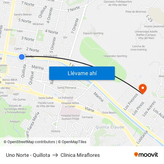 Uno Norte - Quillota to Clínica Miraflores map