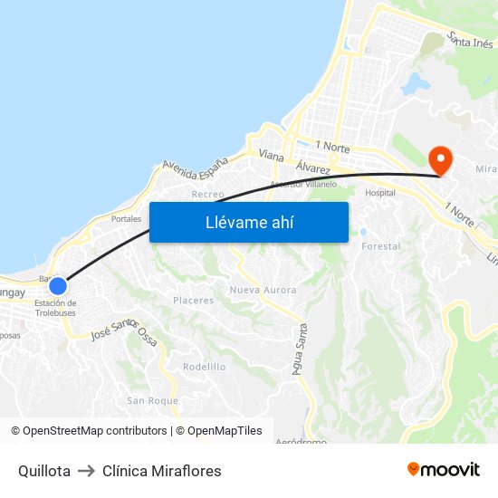 Quillota to Clínica Miraflores map