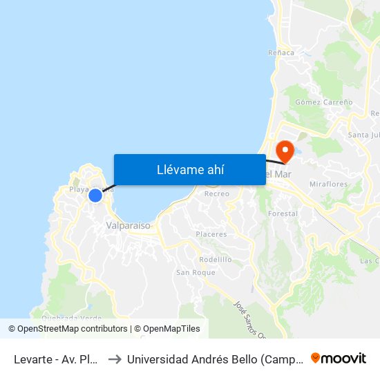 Levarte - Av. Playa Ancha to Universidad Andrés Bello (Campus Los Castaños) map