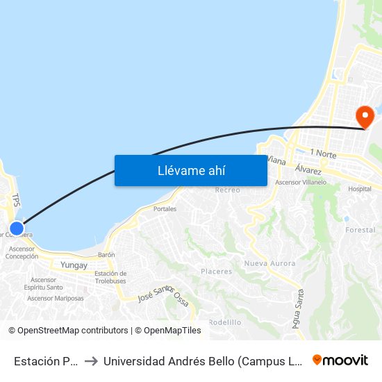 Estación Puerto to Universidad Andrés Bello (Campus Los Castaños) map