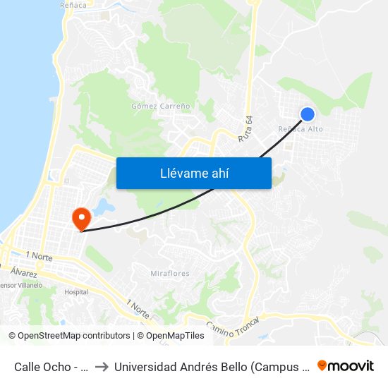 Calle Ocho - Quinta to Universidad Andrés Bello (Campus Los Castaños) map