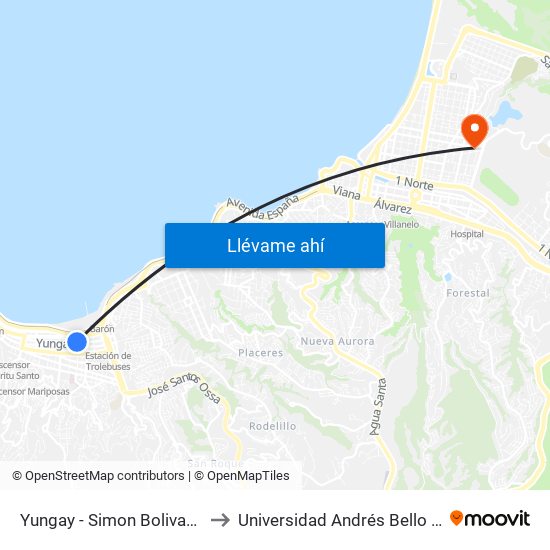 Yungay - Simon Bolivar - Sodimac Valparaiso to Universidad Andrés Bello (Campus Los Castaños) map