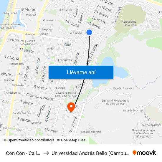 Con Con - Calle Cuatro to Universidad Andrés Bello (Campus Los Castaños) map