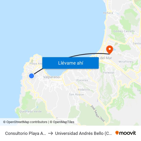 Consultorio Playa Ancha / Poniente to Universidad Andrés Bello (Campus Los Castaños) map