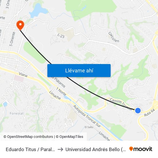 Eduardo Titus / Paralelo Camino Troncal to Universidad Andrés Bello (Campus Los Castaños) map