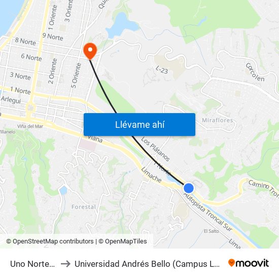 Uno Norte Easy to Universidad Andrés Bello (Campus Los Castaños) map