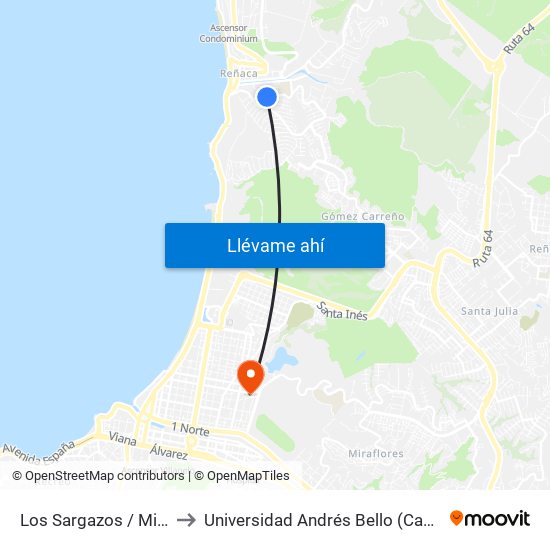 Los Sargazos / Mirador / Norte to Universidad Andrés Bello (Campus Los Castaños) map