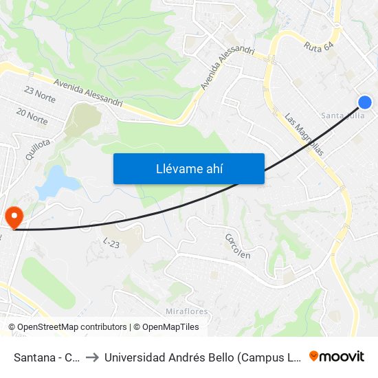 Santana - Calle A to Universidad Andrés Bello (Campus Los Castaños) map
