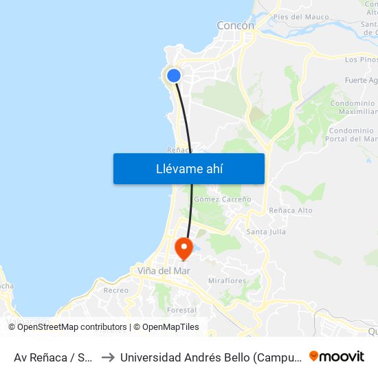 Av Reñaca / Sta Isabel to Universidad Andrés Bello (Campus Los Castaños) map