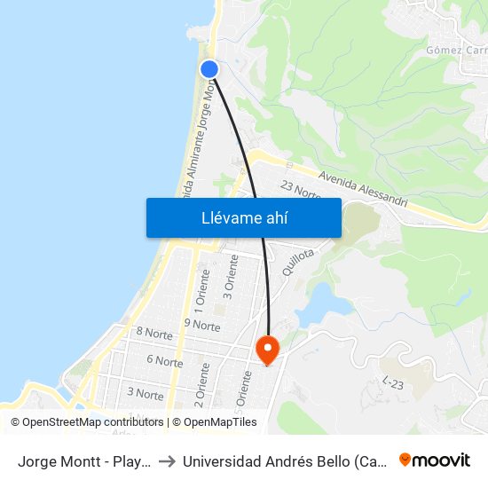 Jorge Montt - Playa Del Deporte to Universidad Andrés Bello (Campus Los Castaños) map