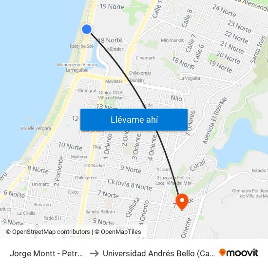 Jorge Montt - Petrobras / Oriente to Universidad Andrés Bello (Campus Los Castaños) map