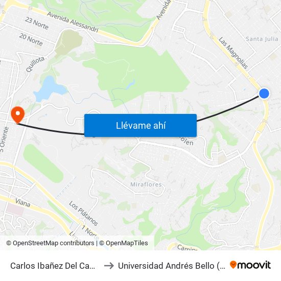 Carlos Ibañez Del Campo - Las Orquideas to Universidad Andrés Bello (Campus Los Castaños) map