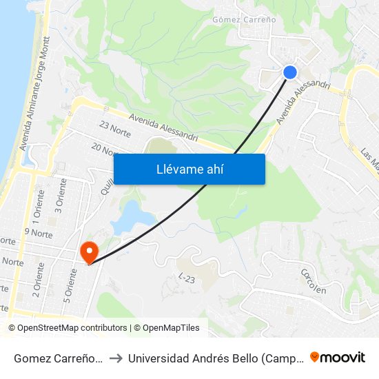 Gomez Carreño - Pacifico to Universidad Andrés Bello (Campus Los Castaños) map