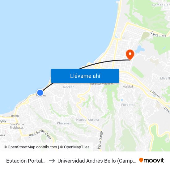 Estación Portales / Norte to Universidad Andrés Bello (Campus Los Castaños) map