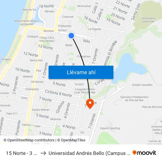 15 Norte - 3 Oriente to Universidad Andrés Bello (Campus Los Castaños) map