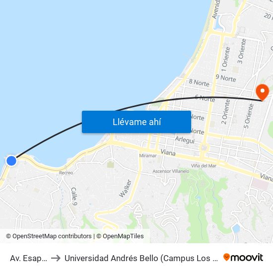 Av. Esapaña to Universidad Andrés Bello (Campus Los Castaños) map