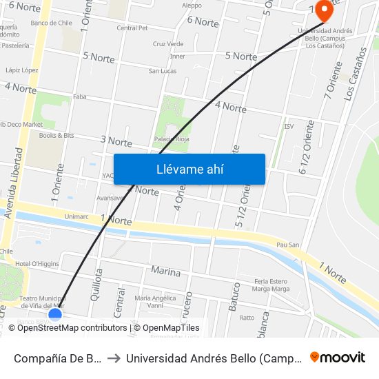 Compañía De Bomberos to Universidad Andrés Bello (Campus Los Castaños) map