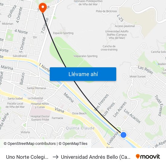 Uno Norte Colegio San Ignacio to Universidad Andrés Bello (Campus Los Castaños) map