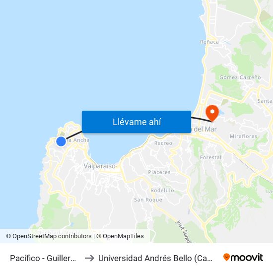 Pacifico - Guillermo Plummer to Universidad Andrés Bello (Campus Los Castaños) map