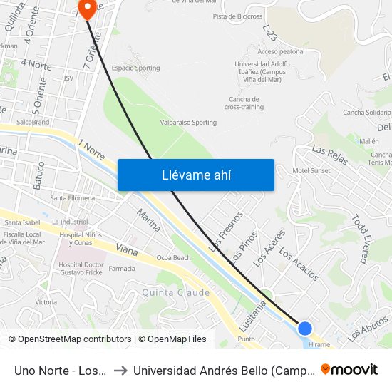 Uno Norte - Los Ligustros to Universidad Andrés Bello (Campus Los Castaños) map