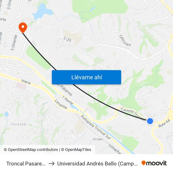 Troncal Pasarela / Norte to Universidad Andrés Bello (Campus Los Castaños) map