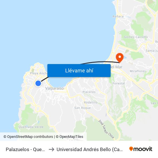 Palazuelos - Quebrada Verde to Universidad Andrés Bello (Campus Los Castaños) map