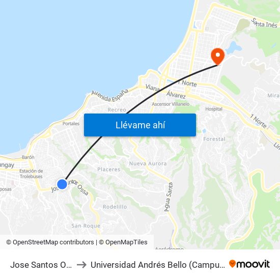 Jose Santos Ossa - Sur to Universidad Andrés Bello (Campus Los Castaños) map