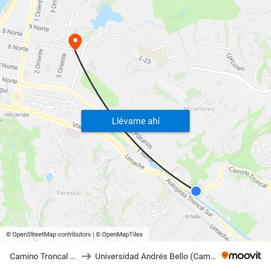 Camino Troncal - Uno Norte to Universidad Andrés Bello (Campus Los Castaños) map